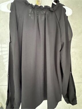 Black Cold-Shoulder open sheer Long Sleeve Top - Women
